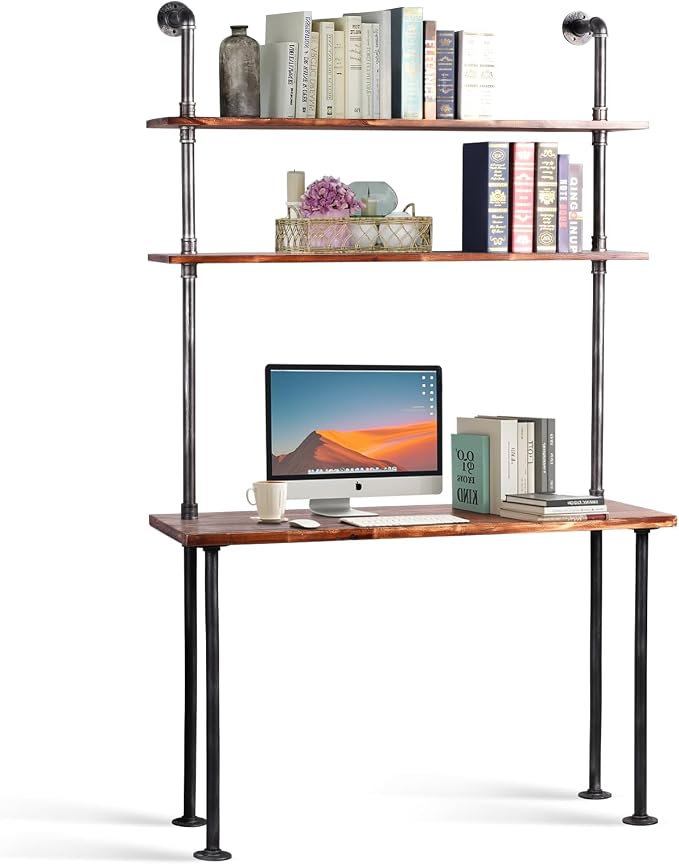 Industrial Leaning Desk with 2-Tiered Shelves Rustic Wall Mounted Computer Laptop Desk in Studying Room Farmhouse Writting Drafting Table for Office Pipe Design