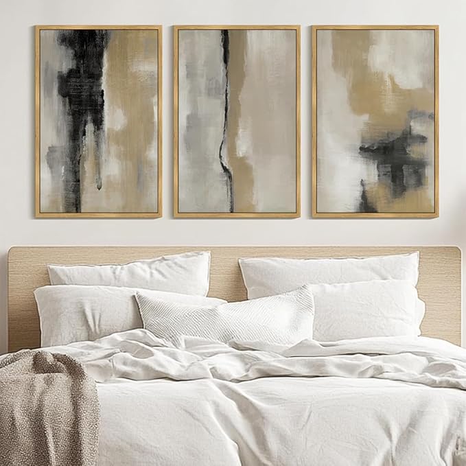 KUVIOKE Black Gray Abstract Framed Wall Art Neutral Wall Decor Minimalist Modern Illustrations Art Print for Living Room Bedroom 24x36in (Natural Framed)