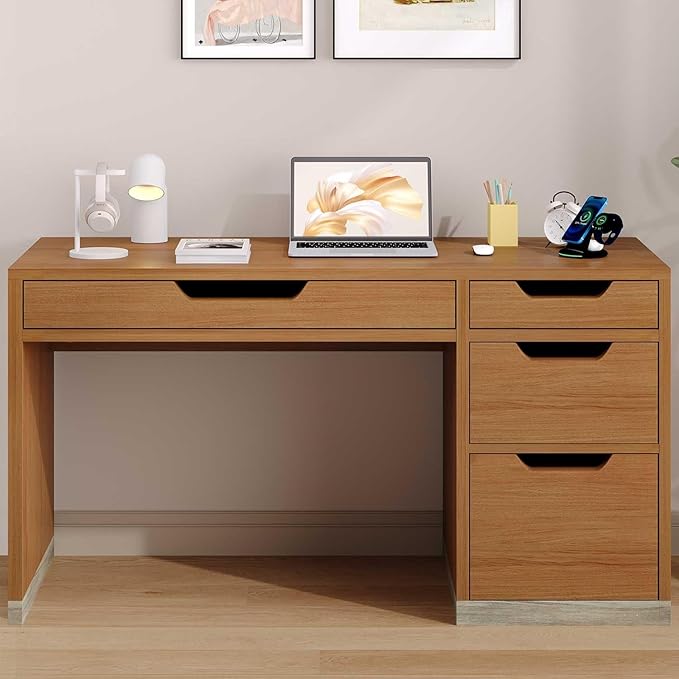 MaverickFurni 52 Inch Desk with 4 Drawers, Small Computer Desk for Small Space, Home Office Desk with Storage File Drawer for Bedroom, Brown