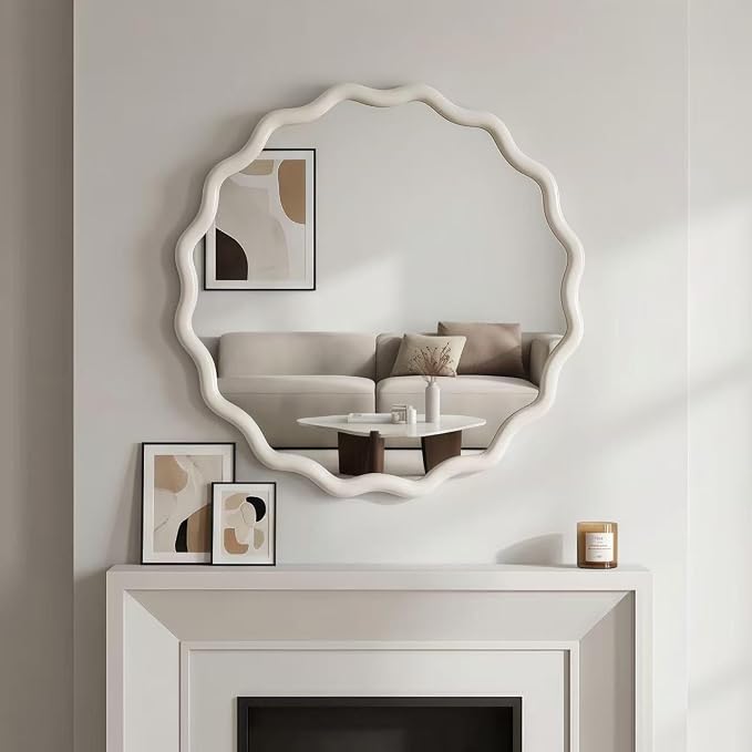 24" Wavy Round Solid Wood Frame Decorative Mirror, for Bedroom, Bathroom, Living Room, Entryway, HU26052223 (White)