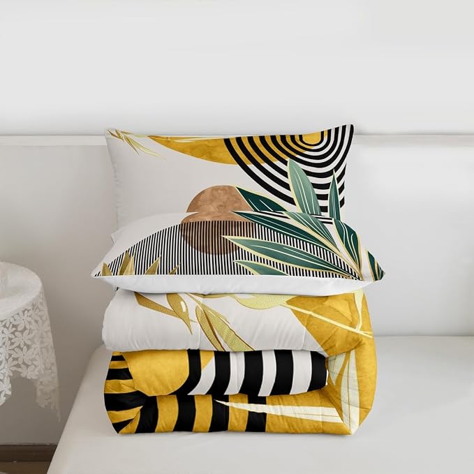 Erosebridal Mid Century Bedding Set Toddler Size Contemporary Bohemian Comforter Set,Modern Abstract Stripes Bedding Comforter Sets Geometric Retro Minimalism Quilt for Boys Girls,Yellow