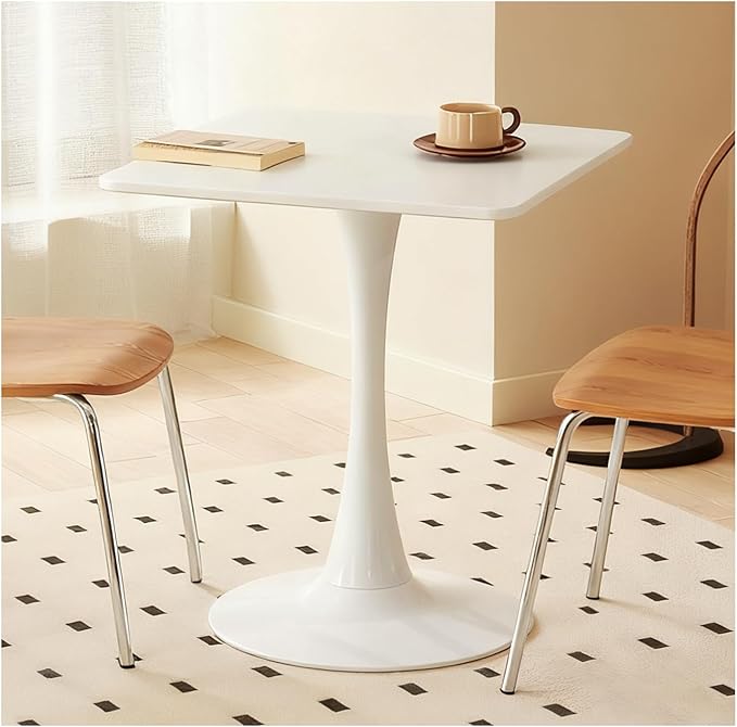 Square Dining Table, 24" Tulip Table with Thickened Tabletop & Metal Pedestal, Mid Century Modern Bistro Table for Kitchen, Small Places, Living Room, Cafe (White)