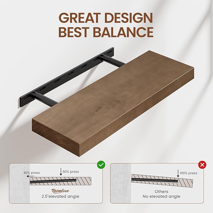 Heimlove 24 Inch Floating Shelves for Wall Walnut Shelves Set of 2,Wall Mounted Rustic Wood 8 Inch Deep Floating Shelf with Invisible Brackets for Bedroom Kitchen Living Room