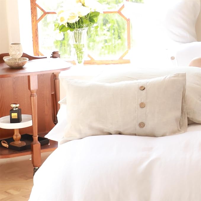 Simple&Opulence 100% Linen Lumbar Pillow Cover 12 x 20 Inch Set of 2 Rectangular Decorative Pillow Cover with Vintage Triple Coconut Button for Couch Sofa Bed Living Room Office Décor - Linen