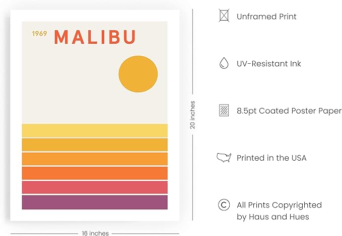 HAUS AND HUES California Vintage Posters - Retro Travel Art, Malibu Beach Posters, 1960s Vintage Prints (Unframed, 16x20)