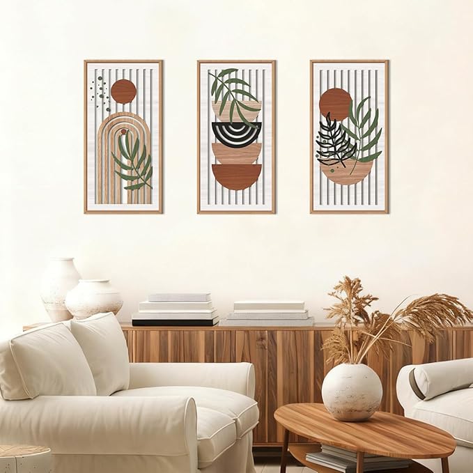 IARTTOP Boho Mid-century Modern Wood Wall Art 8x16 Inch Framed Bohemian Abstract Wooden Wall Decor Set of 3 Minimalist Orange Leaf Wall hanging for Living Room Bedroom Office