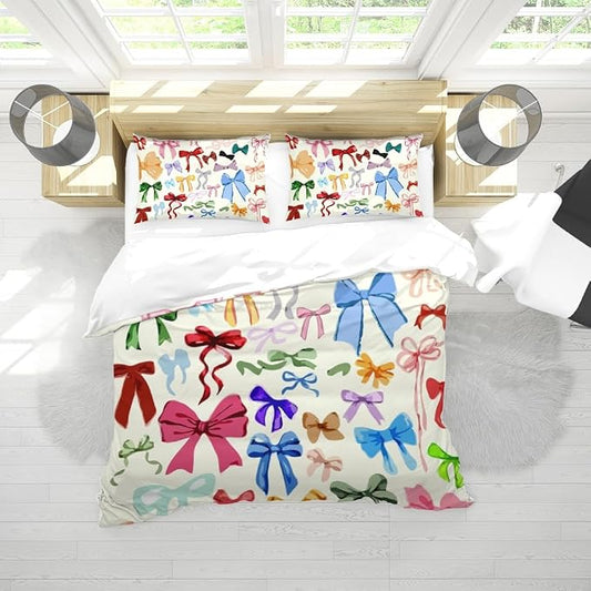 Colorful Bow Duvet Cover Twin Size Watercolor Bows Printed Coquette Bedding Set 3Pcs Kids Girls Cute Comforter Cover with Zipper Closure Soft Breathable Microfiber Queen Size 88"x88"