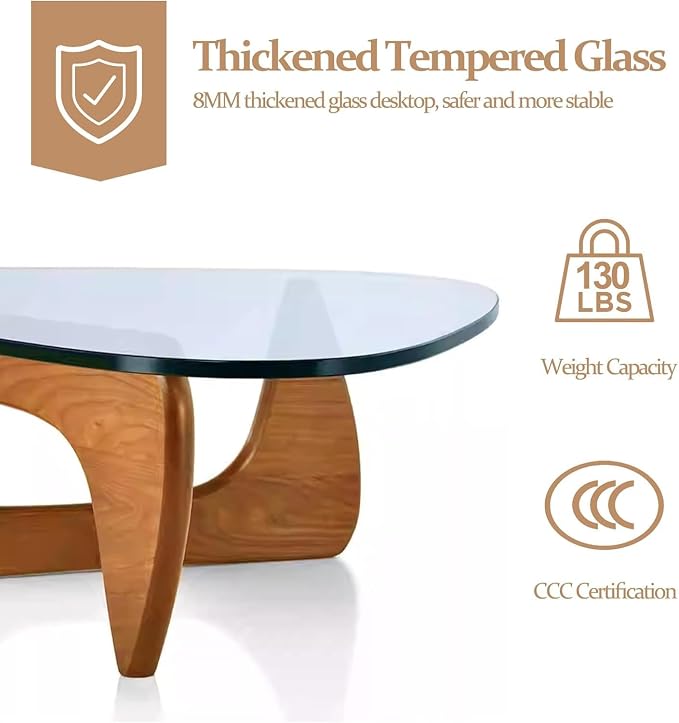 Modern Glass Coffee Table, 45in Large Mid Century Coffee Table, Unique Wooden Triangle Center Tables with Wood Legs, for Bedroom Living Room Reception Office(Walnut Transparent, 45in) 1