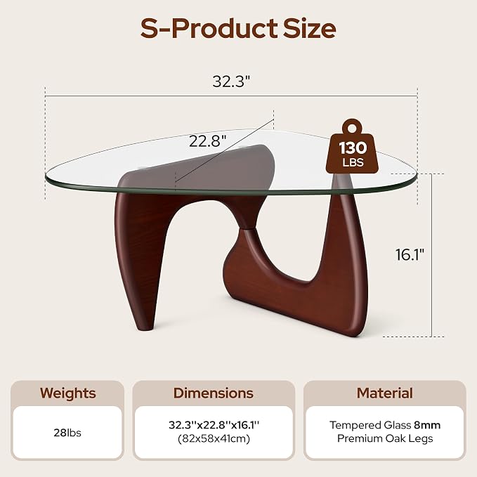 Modern Glass Coffee Table, Mid Century Triangle Coffee Table for Living Room Bedroom Reception Office Tables (Dark Walnut, Small (32.3"x22.8"x16.1"))