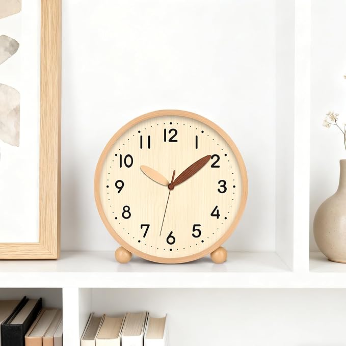 Maxspace Wooden Table Clock,8in Silent Non-Ticking Desk Clock,Battery Operated Desktop Analog Clock for Living Room Bedroom Kitchen Office Classroom Decor (Log - Log)