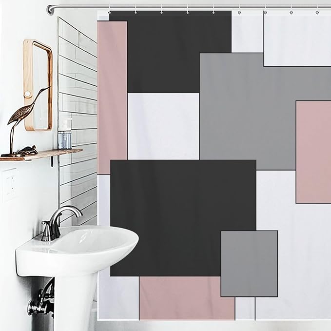 Retro Geometric Shower Curtain,Pink Black Modern Geometry Minimalist Neutral Design Bathroom Curtain Polyester Waterproof Fabric Decor 72x72in（183x183cm）