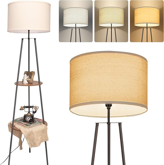 Tripod Floor Lamps for Living Room, Mid Century Floor Lamp with Shelf, 62" Standing Lamp Modern Floor Lamp with Beige Linen Texture Shade for Living Room, Bedroom, Office