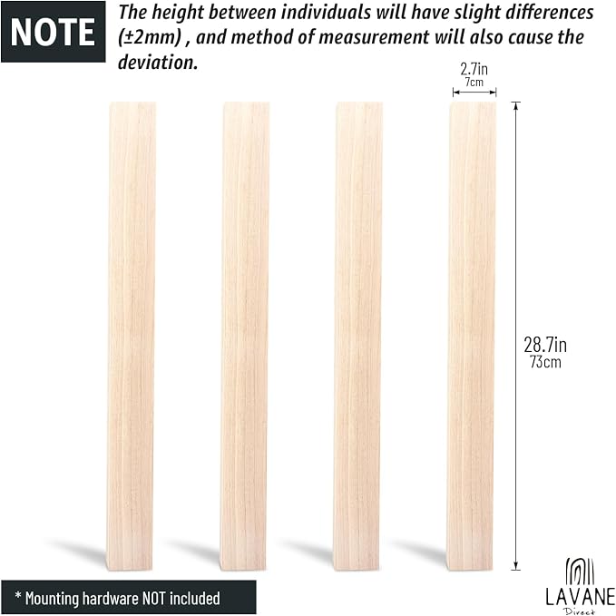 29 inch / 73cm Unfinished Wooden Dining Table Legs, LAVANE Set of 4 Classic Parsons Foursquare Solid Wood Replacement Feet for Bench Coffee Table Dining Table Chair Desk Kitchen Island