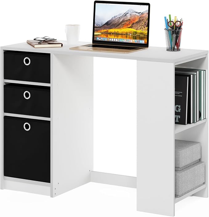 Furinno Jaya Desk, 39.4" Wide Gaming Desk with Drawer Bins, Computer Desk with Side Book Shelf, Writing Desk, Office Desk for Home Office, Study Room, Dorm, Bedroom, White