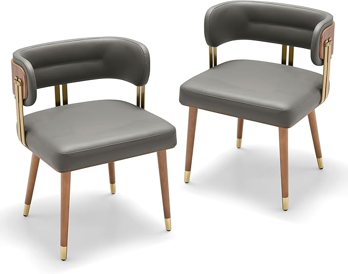 Modern Upholstered Leather Dining Chairs Set of 2 with High-Resilience Foam Cushion, Walnut Wood Veneer&Gold Metal Legs, 22Lx20.5Wx28.3Hin, Anti-Slip Kitchen Chairs for Dining Room,Grey