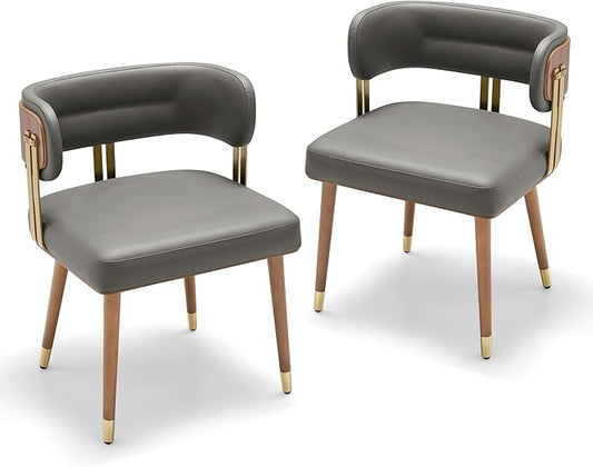 Modern Upholstered Leather Dining Chairs Set of 2 with High-Resilience Foam Cushion, Walnut Wood Veneer&Gold Metal Legs, 22Lx20.5Wx28.3Hin, Anti-Slip Kitchen Chairs for Dining Room,Grey