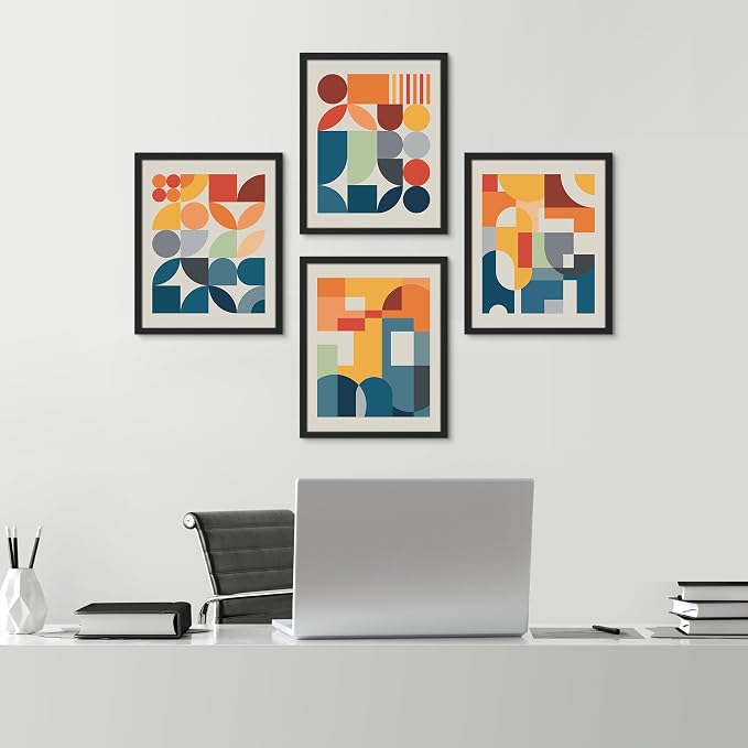 SIGNWIN Framed Mid-Century Modern Colorful Geometric Polygons Wall Art, Set of 4 Abstract Geometric Wall Decor Prints, Nature Wilderness Wall Décor for Living Room, Bedroom - 12"x16" Black