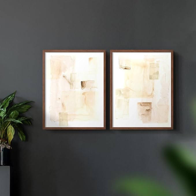 Renditions Gallery Set of 2 Peel & Stick Framed Prints, Abstract Wall Art, Mixed Handmade Oil Painting Wall Decor, Re-Stickable - Ready to Hang - 22"x28" - Walnut Frame LT588