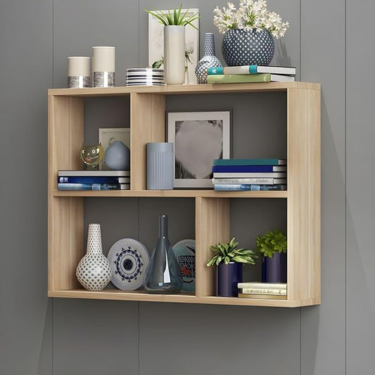 RUNNUP Floating Wall Mount Bookcase Engineered Wood Book Shelf Decor Wall Shelf for Study Room Office Living Room, Natural 31.5" L x 7.9" W x 25.6" H