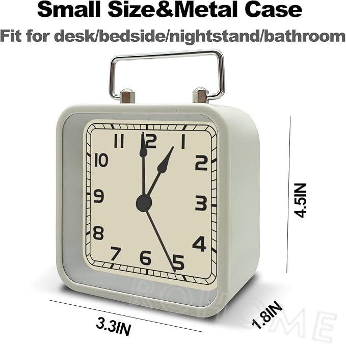 Rohome Small Alarm Clock, Retro Silent Quartz Movement with Night Light, Decorative Vintage Non Ticking Clock for Living Room, Office, Desk, Bedroom, Bedside, Hotel, Shelf, Nightstand (White)