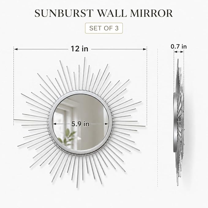 Silver Sunburst Mirror Set of 3, 3PCS Metal Round Decorative Wall Mirrors, Starburst Accent Mirror Wall Decor for Bathroom, Living Room, Bedroom & Entryway