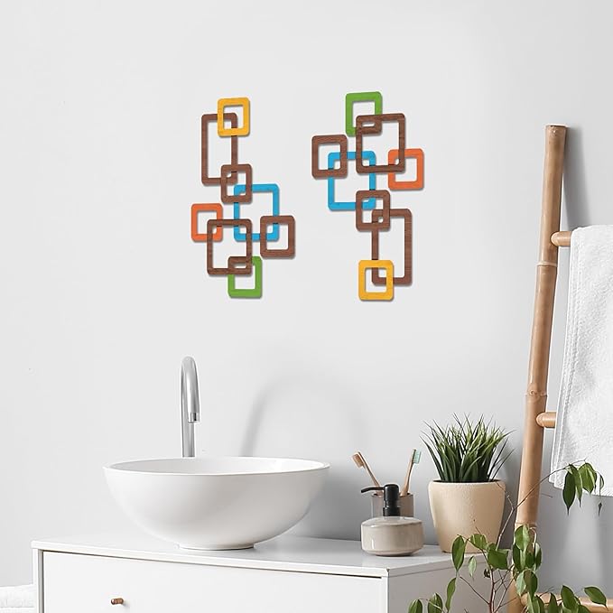 CroBlissful 2 Pcs Wooden Mid Century Modern Wall Art 3D Mid Century Modern Elegance Wall Decor Accents Vintage Abstract Geometric Panels Art for Home Room(Classic Style,bright Color)