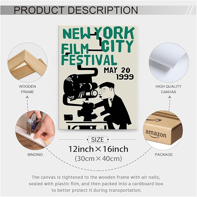 1999 NYC Film Festival Canvas Poster Vintage New York Movie Wall Art Modern Trendy Minimalist Abstract Prints for Apartment Bedroom Dorm Wall Decor 012X16 inch Wood Framed
