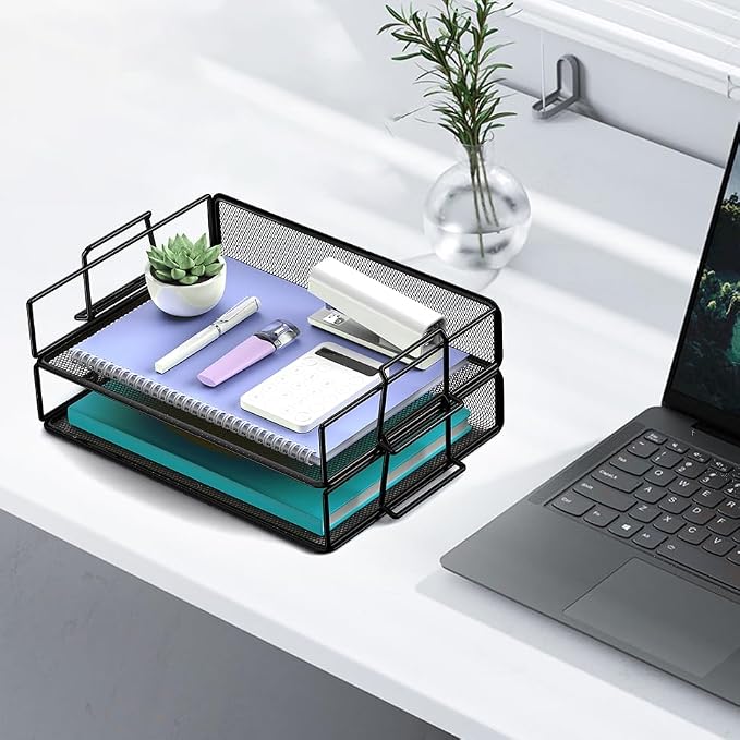 2 Tier Stackable Letter Tray Paper Holder Desk Organizer for Home Office School, Black