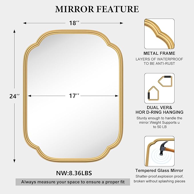 Gold Mirrors for Bathroom, 18" x 24" Rectangular Wall Mirror for Bathroom Metal Frame Farmhouse Rounded Corner Wall Mirror (Horizontal/Vertical)