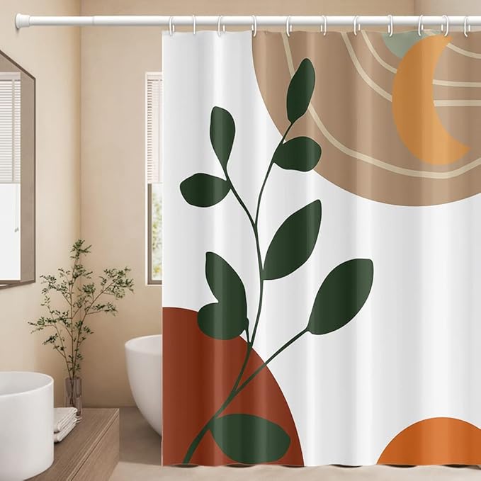 Abstract Boho Shower Curtain for Bathroom Moon Eucalyptus Leaves Waterproof Polyester Shower Curtains Modern Minimalist Artistic Aesthetic Shower Curtain with Hooks Decorative, 72x96 Inch