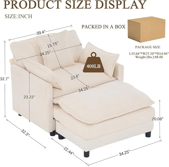 Oversized Accent Chair with Ottoman, Chenille Cloud Single Sofa Upholstered Double-Layer Seat Lounge Armchair with Pillows for Living Room Reading Apartment, Beige