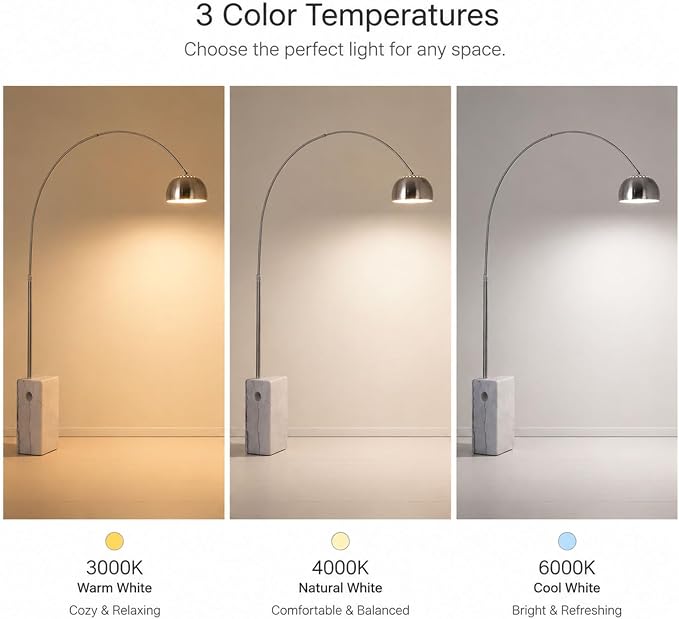 Murmurglow-74.8”Modern Arc Floor Lamp,Industrial Adjustable Silver Floor Lamp with Square Marble Base,3 Color Temperatures Reading Standing Lamps for Living Room, Bedroom,Office