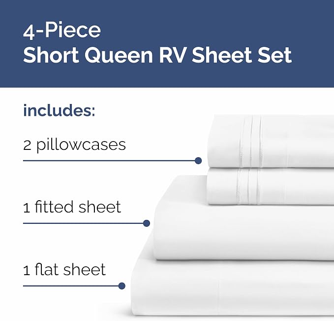Short Queen Size 4 Piece Sheet Set - RV Short Queen, Ultra-Soft, Breathable & Cooling Bed Sheets Set with Deep Pockets - Hotel Luxury Bedding for Women & Men - Wrinkle Free & Fade Resistant - White