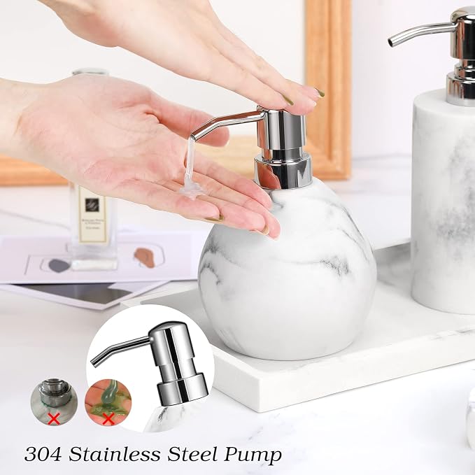 Luxspire Hand Soap Dispenser, 15.2 oz Marble Hand Lotion Bottle, Stainless Steel Pump Lotion Container, Refillable Liquid Hand Soap Jar, Resin Shower Dispensers for Bathroom, Kitchen, Marble White
