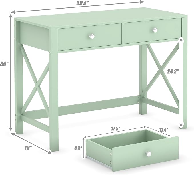 WiberWi Home Office Desk with Drawers, Modern Writing Computer Desk for Bedroom, Small Makeup Vanity Table Study Table for Home Office,Green