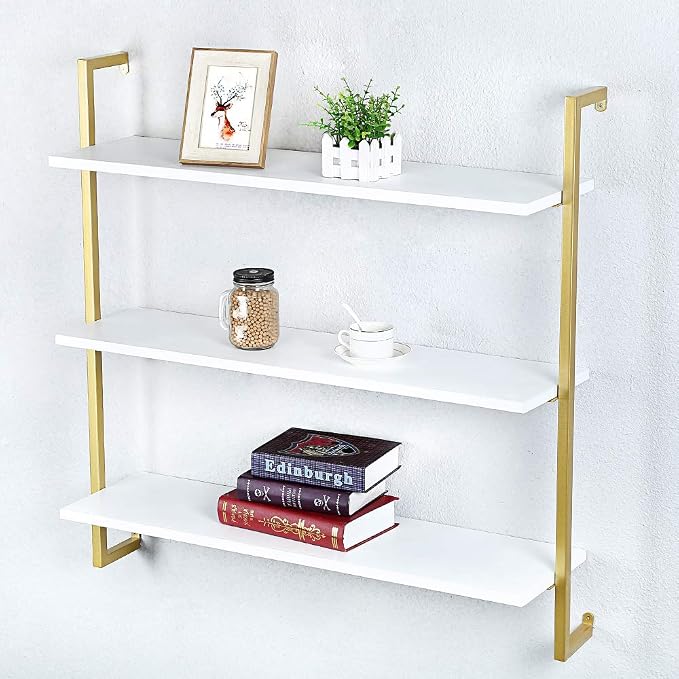 Industrial Metal Wall Shelf,Floating Wood Shelves Wall Mounted,36in Iron Real Wood Book Shelves,3 Tier Bookshelf Shelving