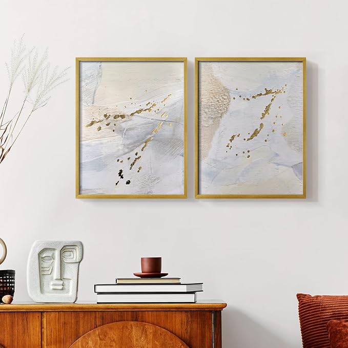 Renditions Gallery Set of 2 Peel & Stick Framed Prints, Modern Abstract Wall Art, Gold Sprinkle Oil Painting Wall Decor, Re-Stickable - Ready to Hang - 8"x10" - GOLD Frame LT588