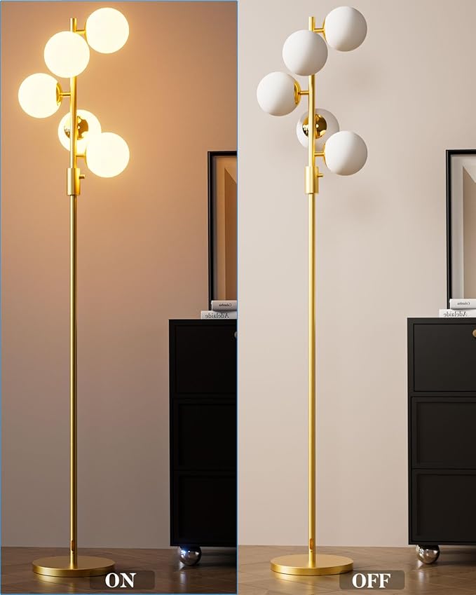 Dimmable Gold Globe Floor Lamp, 64IN Tall Standing Lamps with 5 Globe Warm White 3000K Bulbs, Mid Century Modern Floor Lamp with 5Lbs Heavy Base for Living Room Bedroom Sofa Beside Home Decor