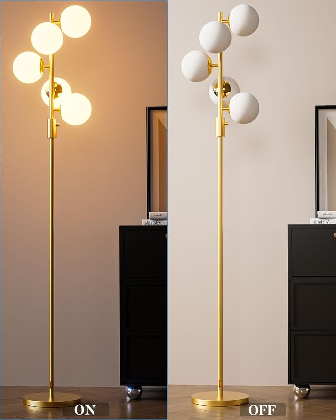 Lightdot Dimmable Globe Floor Lamp, Gold Standing Lamps with 5PCS 3000K Bulbs Included, Mid Century Modern Floor Lamp with 5Lbs Heavy Base for Living Room/Bedroom/Sofa Beside/Corner Decor