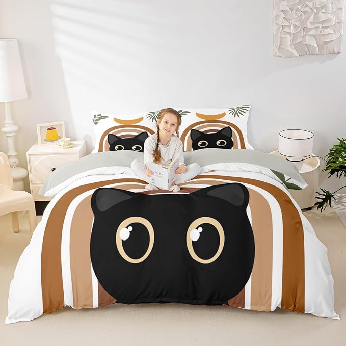 Erosebridal Cartoon Cat Bedding Set Twin Abstract Geometric Duvet Cover Boho Mid Century Comforter Cover for Kids Girls Boys Adults Modern Minimalism Animals Bed Set