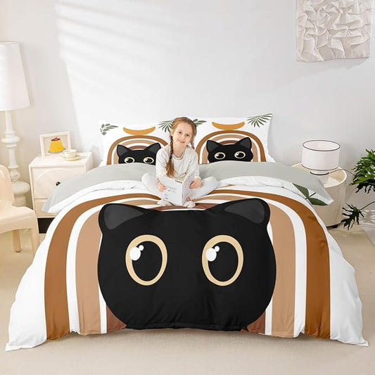 Erosebridal Cartoon Cat Bedding Set King Abstract Geometric Duvet Cover Boho Mid Century Comforter Cover for Kids Girls Boys Adults Modern Minimalism Animals Bed Set