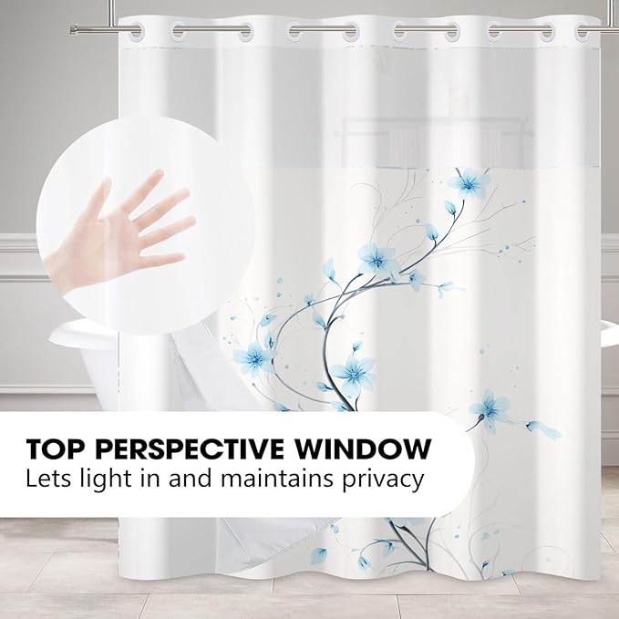 No Hook Shower Curtain with Snap in Liner Blue Watercolor Flowers Plant Shower Curtain with Liner for Bathroom Modern Hotel Fabric Washable 71x74 Inch