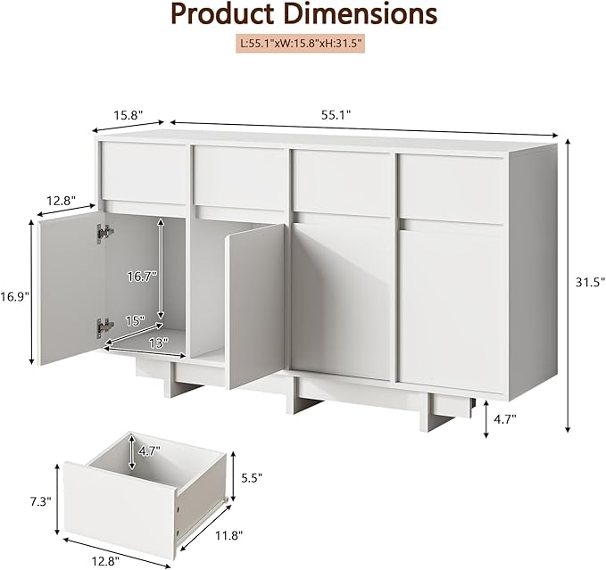 CHUWELL 55" Sideboard Buffet Cabinet with 4 Sliding Doors and 4 Drawers,Minimalist Linear Design & Handleless Design,Side Board with Adjustable Shelf for Living Room,White