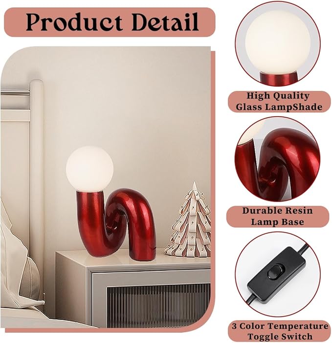 Bauhaus Red Table Lamp Modern Globe Glass Table Light with Glass Shade Resin Aesthetics Light Fixtures for Bedside Bedroom Living Room Kid’s Room Corner Office Cafe