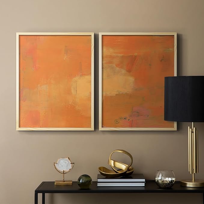 Renditions Gallery Set of 2 Peel & Stick Framed Prints, Abstract Wall Art, Rustic Fain Marking with Brush Strokes Wall Decor, Re-Stickable - Ready to Hang - 11"x14" - NATURAL WOOD Frame LT588