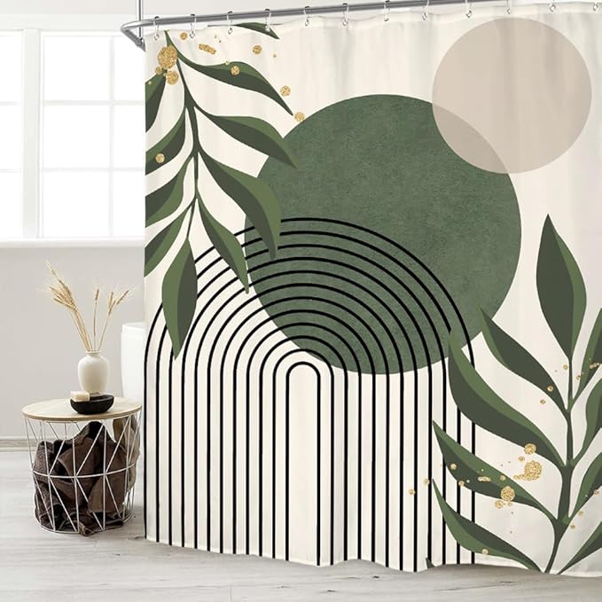 Miyotaa Green Abstract Shower Curtain Set 60Wx71H Inches Neutral Leaves Geometric Minimalist Aesthetic Plant Mid Century Modern Vintage Polyester Waterproof Bathroom Curtain with 12 Hooks