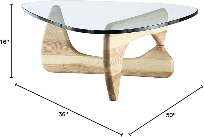 EMODERN FURNITURE - Mid-Century Modern Style Coffee Table Glass Top Hardwood Base (Natural)
