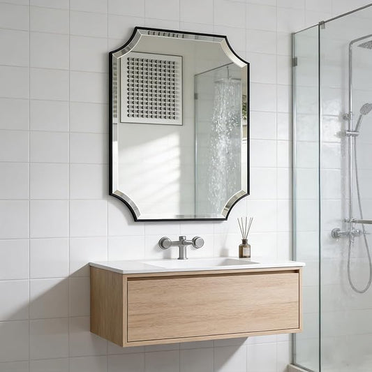 POZINO Rectangle Beveled Mirror, 22"x30" Scalloped Bathroom Mirror for Over Sink, Modern Irregular Shaped Mirrors, Wavy Vanity Wall Mirrors in Premium Frame, Wall Mount Hangs Horizontal Or Vertical