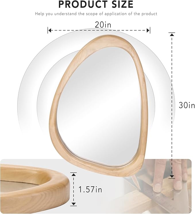 Irregular Wall Mirror, 20 x 30in Wooden Frame Asymmetrical Mirror, Large Home Decor Wall Mirrors, Hanging Vertically and Horizontally, for Bathroom, Living Room, Entryway (Natural Colour)