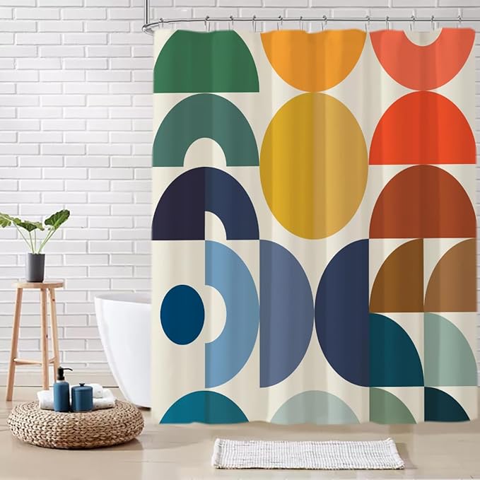Mid Century Geometric Shower Curtain Sets,Multicolor Geometry Art Bath Curtain for Bathroom,Modern Boho Abstract Waterproof Fabric Polyester Curtain with 12 Hooks, 72 x 72 Inches